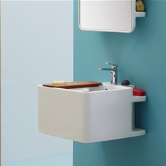 Lavabo sospeso , lavabo monoforo con piano in legno